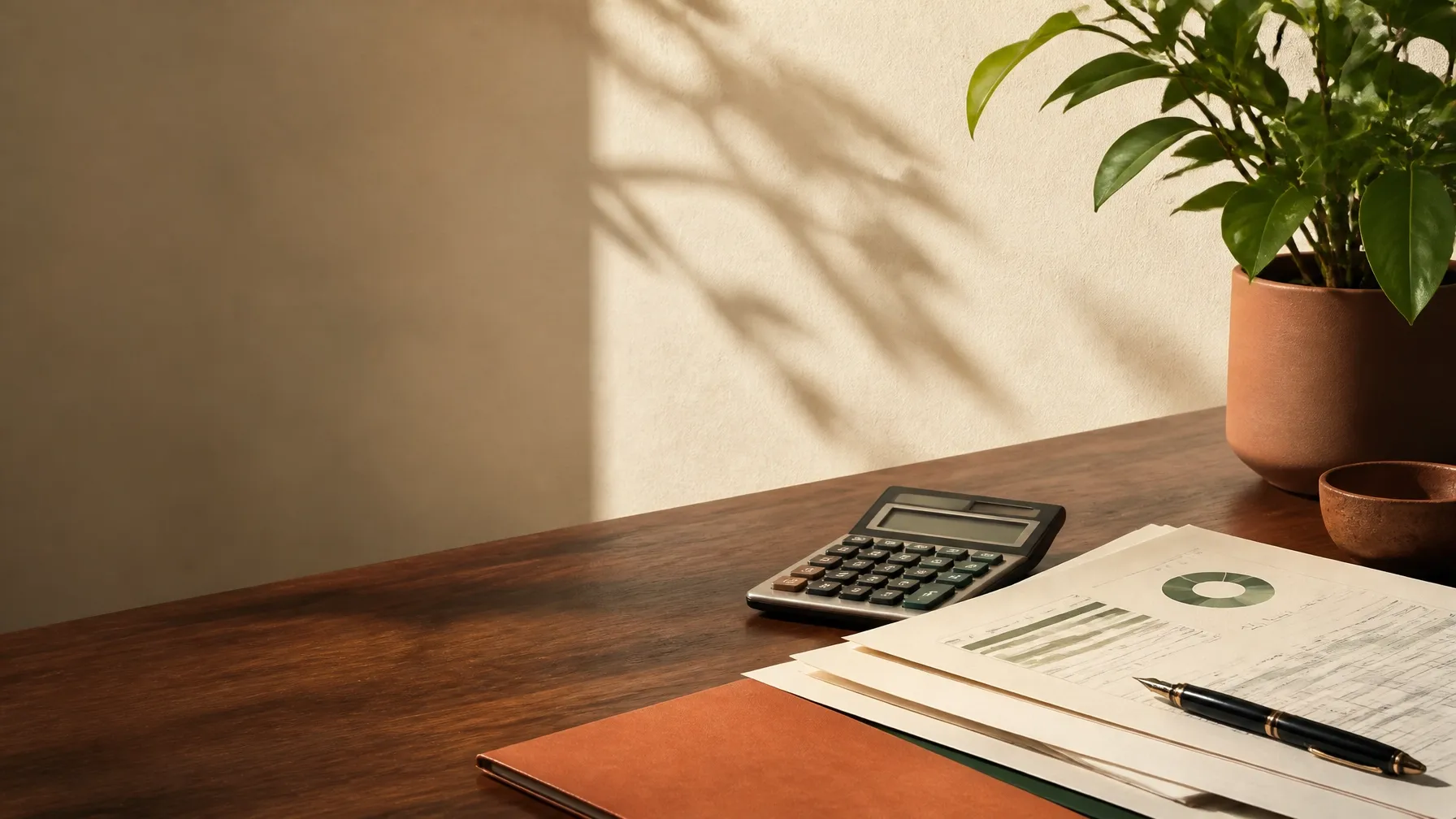 Escritorio cálido con documentos y herramientas de trabajo contable